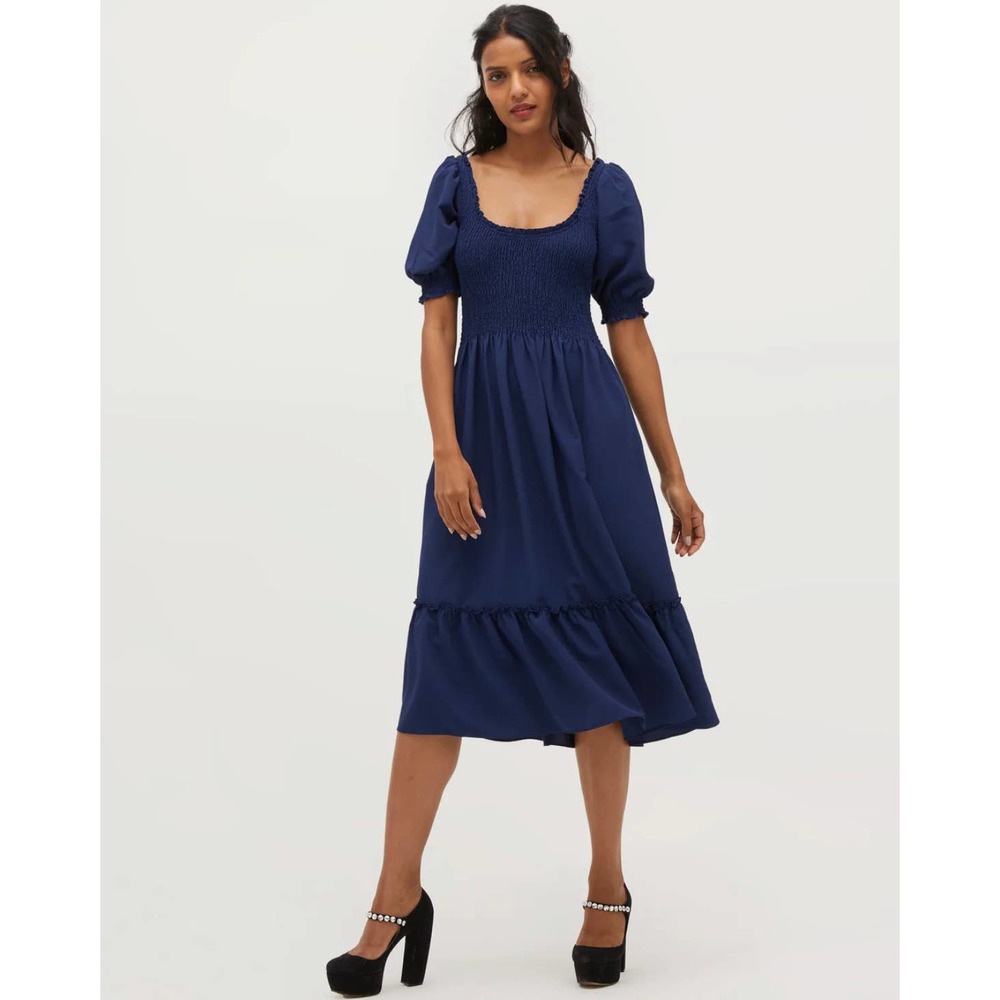 HILL HOUSE Navy Smocked Puff Sleeve Midi The Louisa Nap Crepe Dress NWT Size XS
